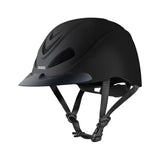Casco de equitación Troxel Liberty negro Duratec, vista lateral con visera y barboquejo