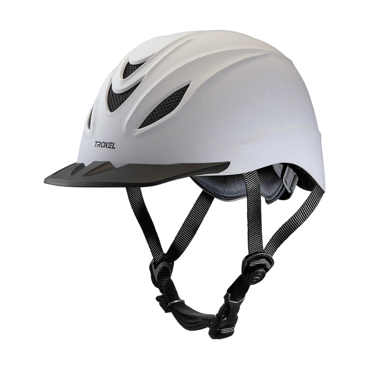 Casco de equitación Troxel Intrepid acabado Carbón Blanco, vista lateral con barboquejo