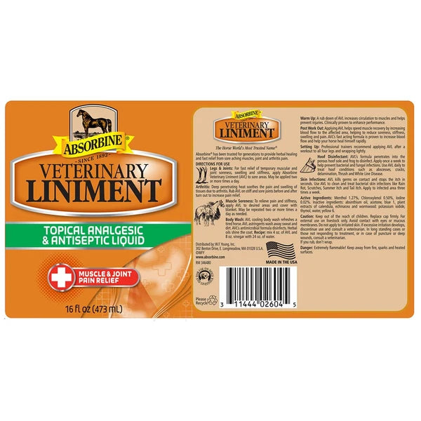 Empaque del Linimento Veterinario Absorbine con composición y modo de empleo