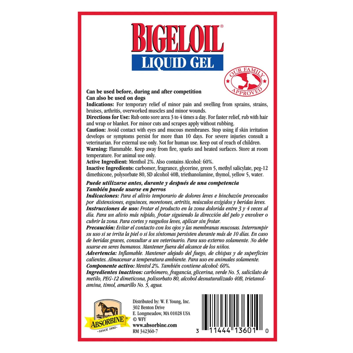 Panel posterior de la etiqueta de Bigeloil Liquid Gel con composición y modo de empleo