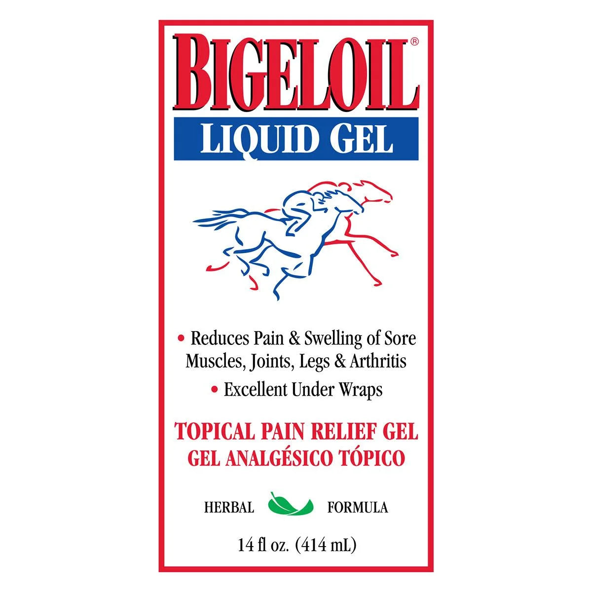 Etiqueta frontal de Bigeloil Liquid Gel, analgésico tópico en gel para el caballo