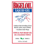 Etiqueta frontal de Bigeloil Liquid Gel, analgésico tópico en gel para el caballo