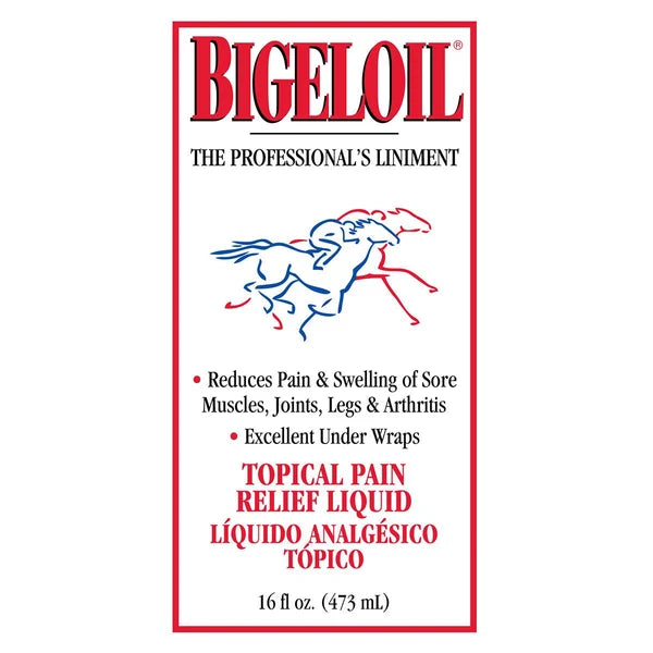 Etiqueta frontal de Bigeloil, analgésico tópico líquido para músculos y articulaciones del caballo