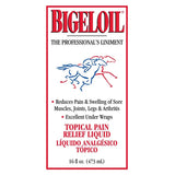 Etiqueta frontal de Bigeloil, analgésico tópico líquido para músculos y articulaciones del caballo