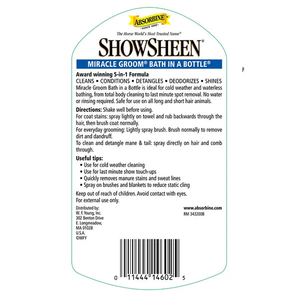 Panel posterior de la etiqueta de ShowSheen Miracle Groom con modo de empleo