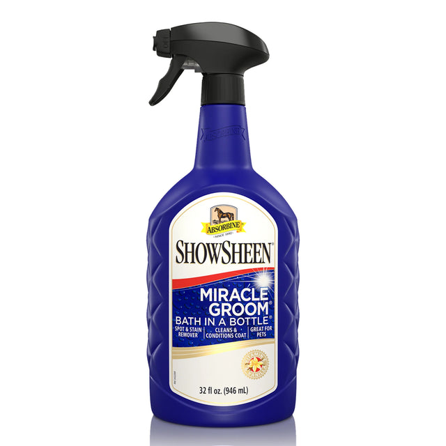 Botella azul con atomizador de ShowSheen Miracle Groom de Absorbine, limpiador en seco de 32 onzas