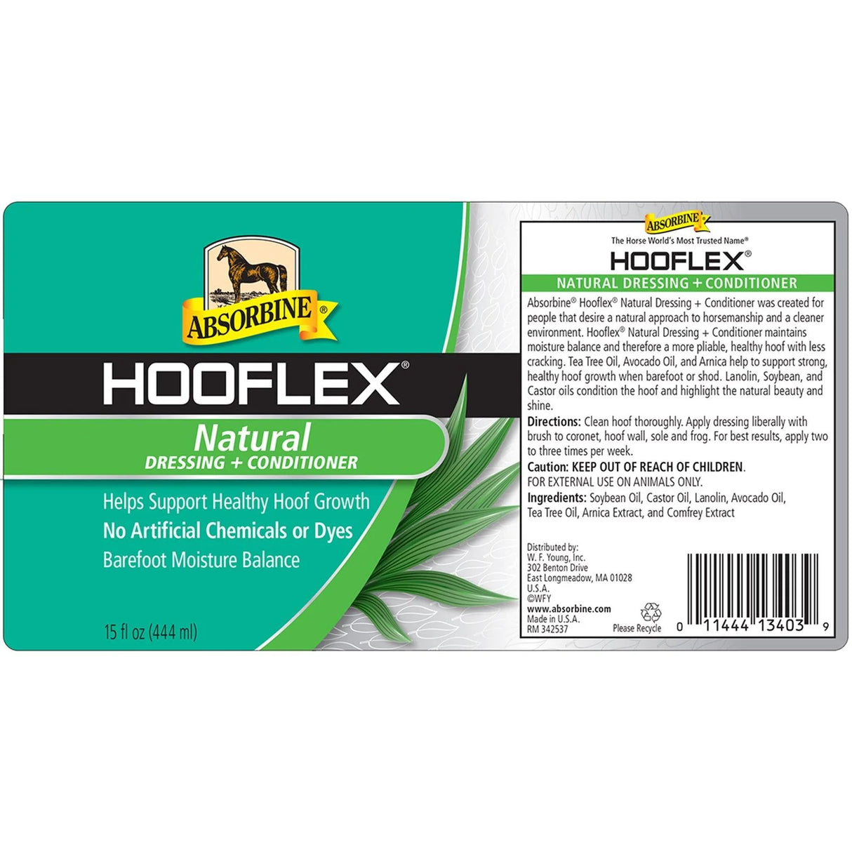 Etiqueta de Hooflex All Natural de Absorbine con ingredientes herbales y modo de empleo