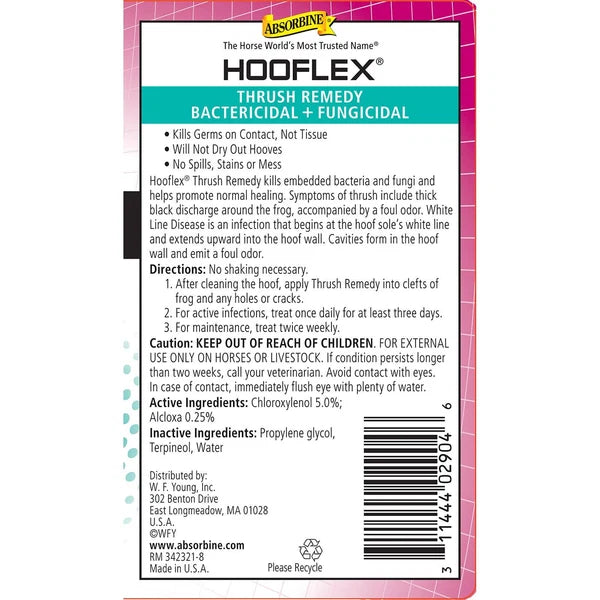 Etiqueta de Hooflex Thrush Remedy de Absorbine con composición y modo de empleo