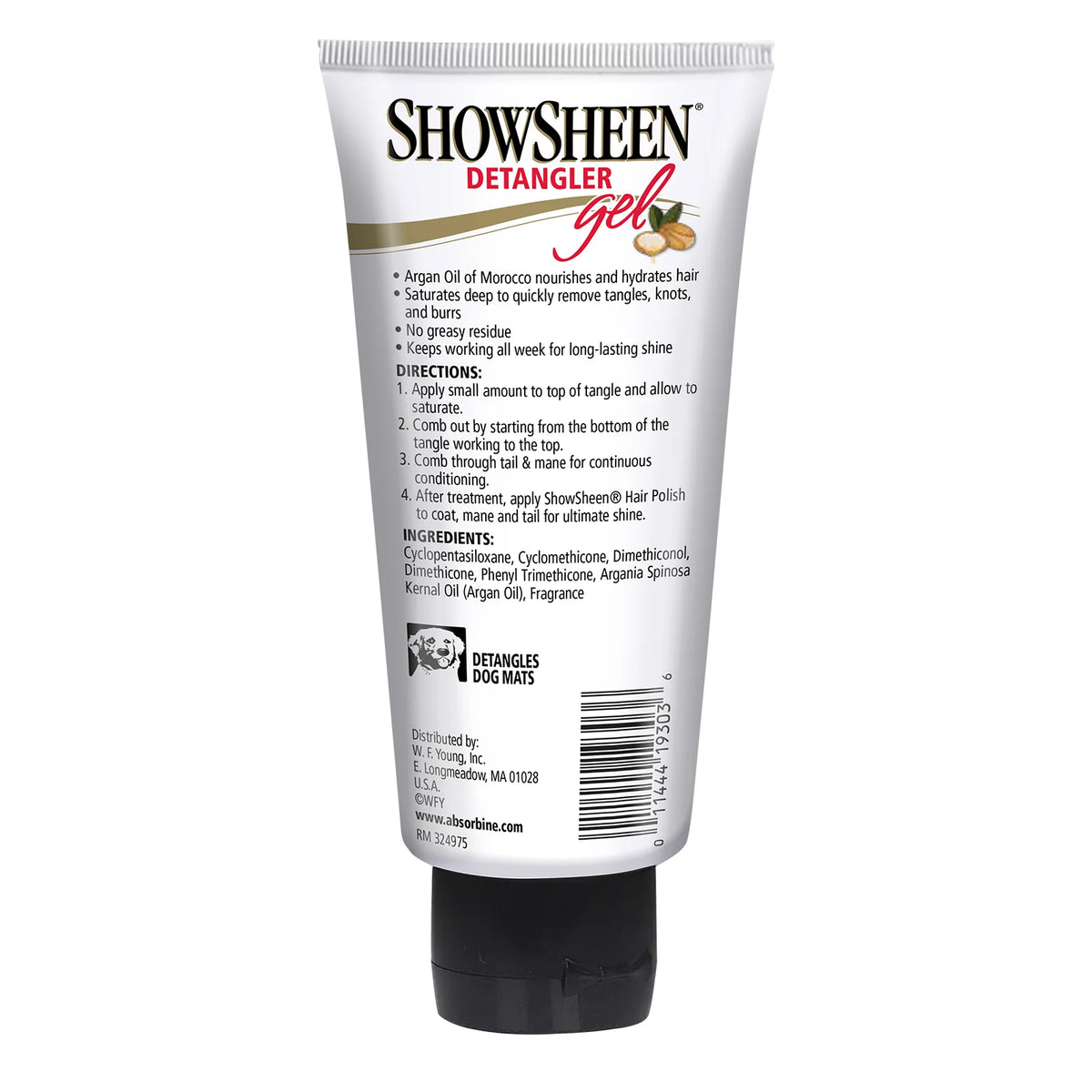 Tubo de ShowSheen Detangler Gel visto desde el reverso, con el modo de empleo