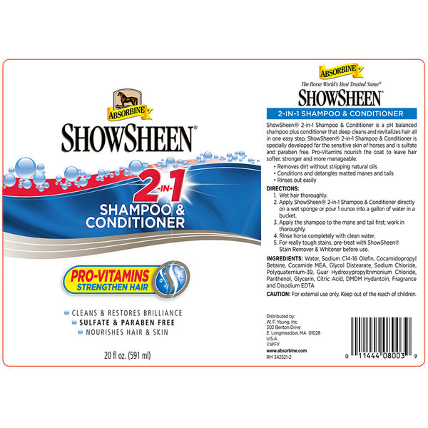 Etiqueta de ShowSheen 2 en 1 Champú y Acondicionador con composición y modo de empleo