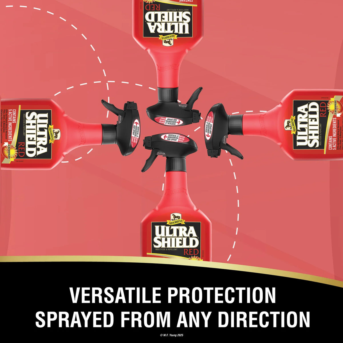 UltraShield Rojo permite rociar desde cualquier ángulo para protección versátil del caballo