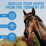 Cabeza de caballo alazán, UltraShield Sport protege al caballo del tormento de las moscas