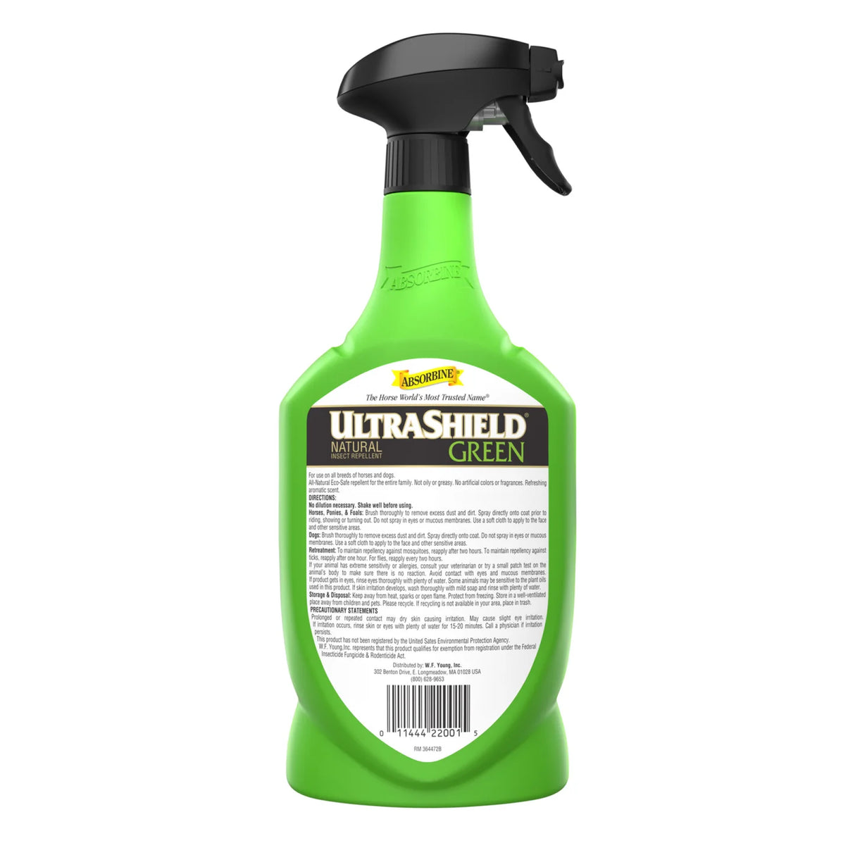 Botella de UltraShield Green de Absorbine vista desde otro ángulo
