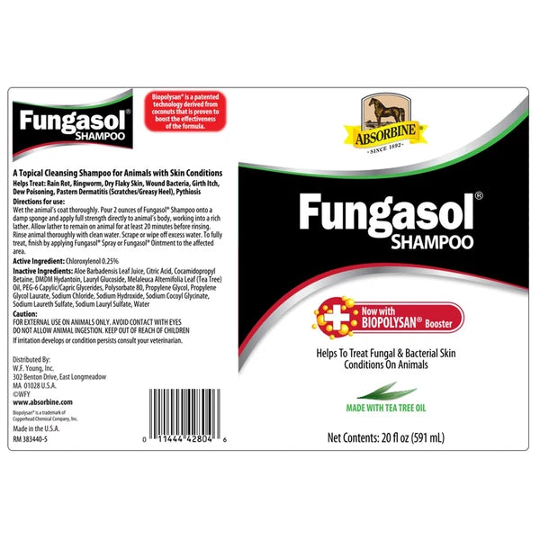 Etiqueta del champú Fungasol de Absorbine con composición, modo de empleo y advertencias
