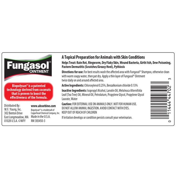 Etiqueta del ungüento Fungasol de Absorbine con composición, modo de empleo y advertencias