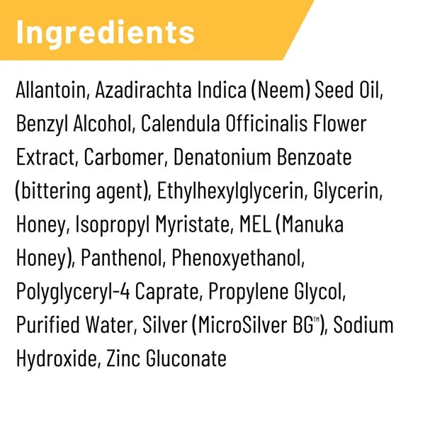 Panel de ingredientes del Silver Honey Vet Strength Scratches Spray de Absorbine