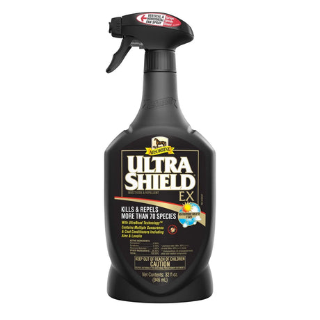 Botella negra con atomizador de UltraShield EX de Absorbine, insecticida y repelente para caballos de 32 onzas