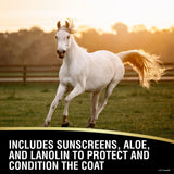 Caballo blanco en el campo al atardecer, la fórmula de UltraShield EX incluye filtros solares, áloe y lanolina que acondicionan el pelaje