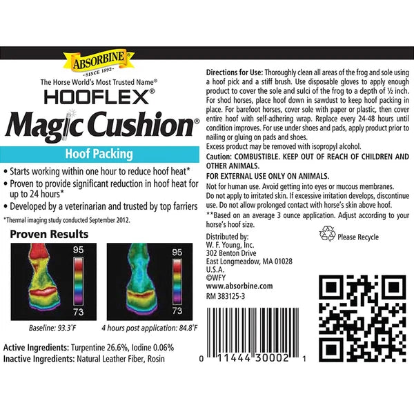 Etiqueta de Hooflex Magic Cushion de Absorbine con modo de empleo, precauciones y código QR