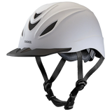 Casco de equitación Troxel Intrepid acabado Carbón Blanco, vista lateral con barboquejo