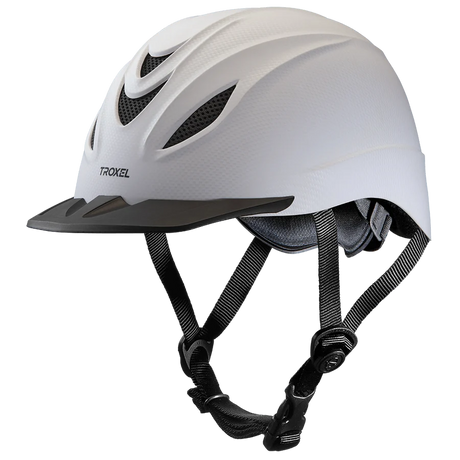 Casco de equitación Troxel Intrepid acabado Carbón Blanco, vista lateral con barboquejo