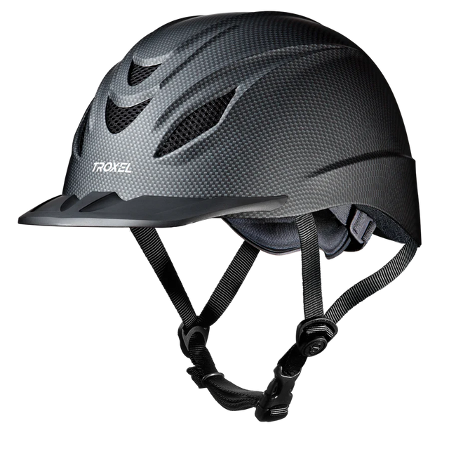 Casco de equitación Troxel Intrepid acabado Carbón, vista lateral con barboquejo