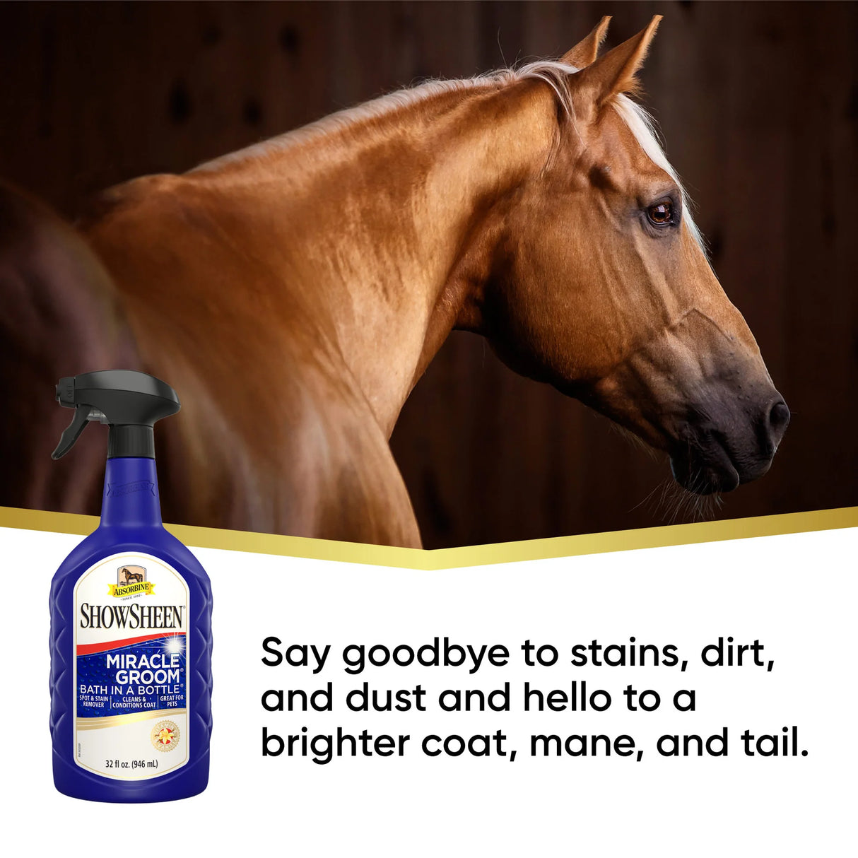 Caballo alazán de pelaje brillante, Miracle Groom elimina manchas, tierra y polvo del pelaje, la crin y la cola
