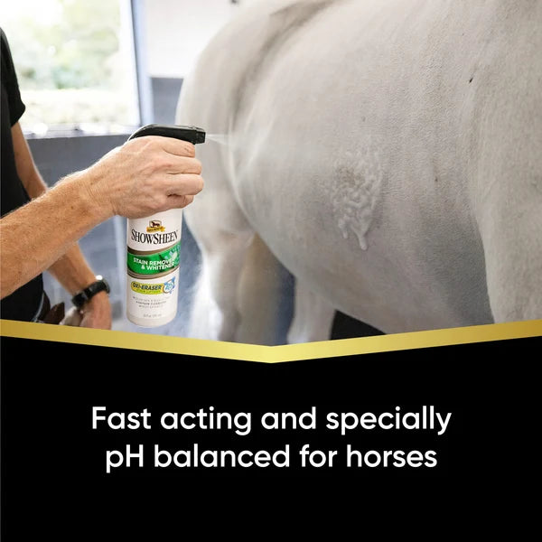 Aplicación de ShowSheen quitamanchas sobre un caballo tordo, fórmula de acción rápida con pH balanceado para caballos
