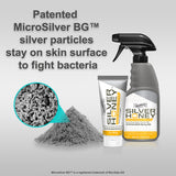 Las partículas patentadas de MicroSilver BG permanecen en la superficie de la piel combatiendo las bacterias