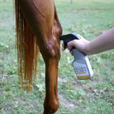 Aplicación de Silver Honey Scratches Spray en la cuartilla de un caballo alazán en el potrero