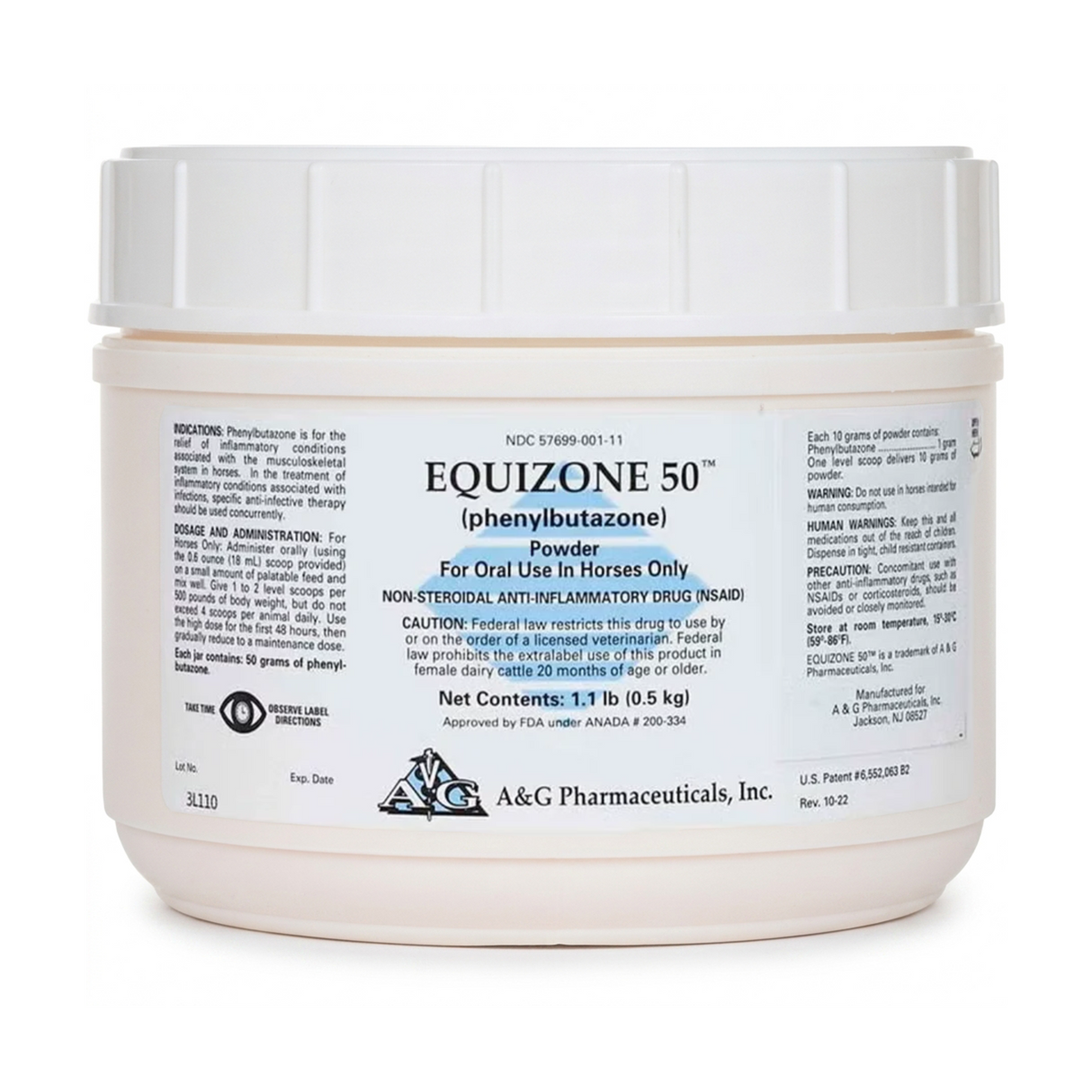 Frasco de Equizone 50 de A&G Pharmaceuticals, fenilbutazona en polvo oral para caballos, contenido neto 1.1 lb (0.5 kg)