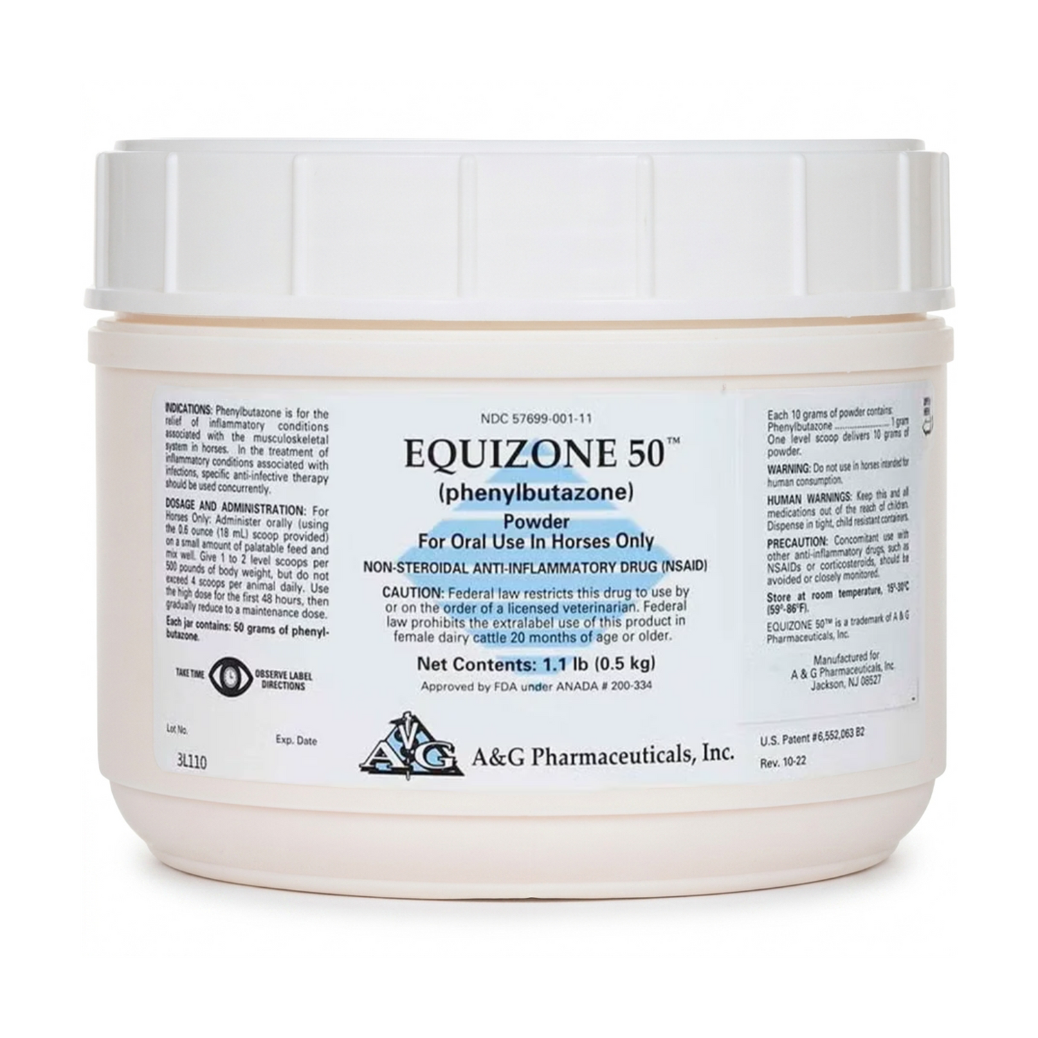 Frasco de Equizone 50 de A&G Pharmaceuticals, fenilbutazona en polvo oral para caballos, contenido neto 1.1 lb (0.5 kg)