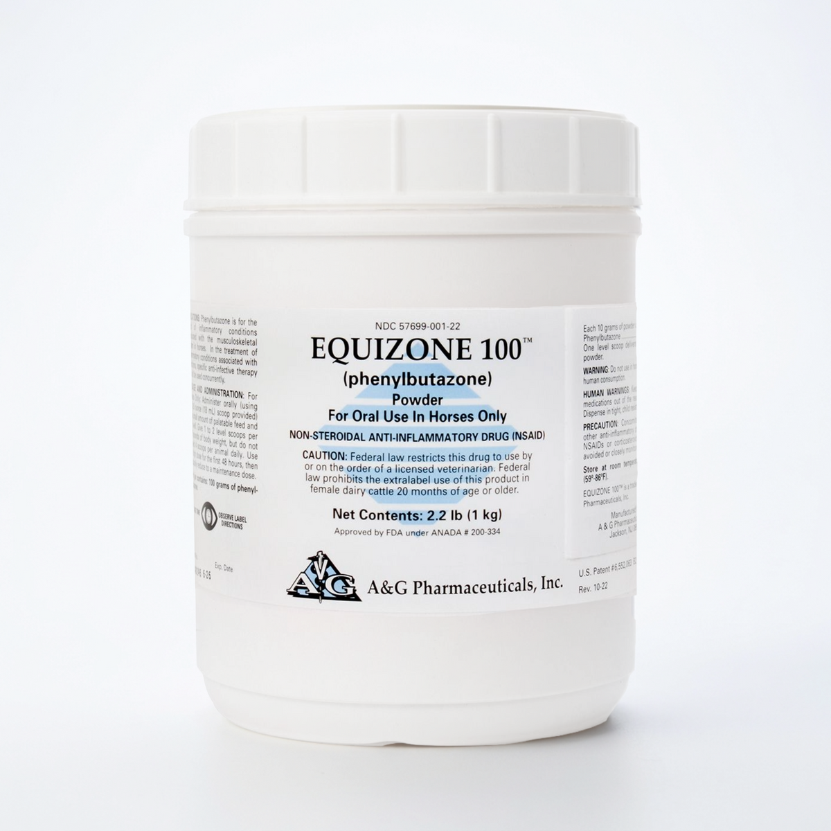Frasco de Equizone 100, fenilbutazona en polvo oral para caballos, presentación de 2.2 lb (1 kg)
