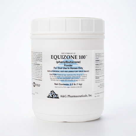 Frasco de Equizone 100, fenilbutazona en polvo oral para caballos, presentación de 2.2 lb (1 kg)