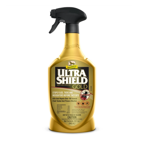 Botella dorada con atomizador de UltraShield Gold de Absorbine, insecticida y repelente para caballos