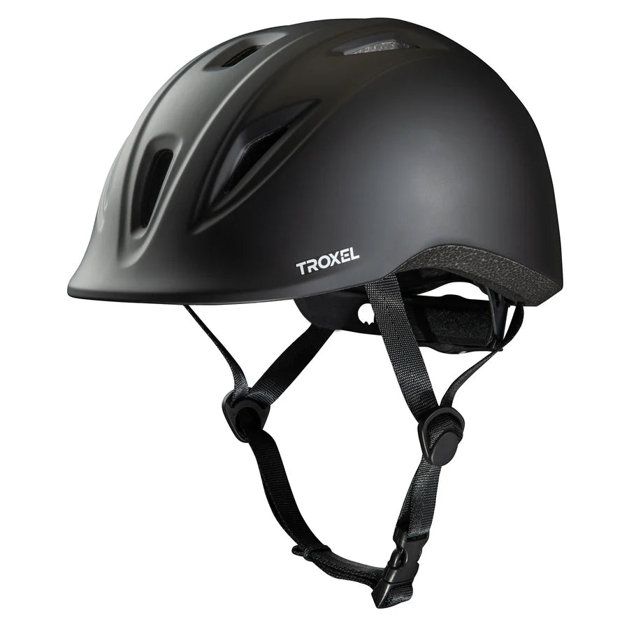 Casco de equitación Troxel Youngster negro, vista lateral con barboquejo