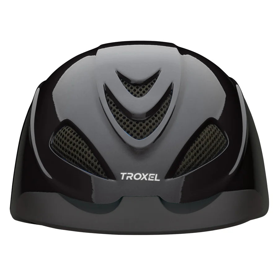 Casco de equitación Troxel Liberty negro liso, vista frontal con las ventilas