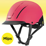 Casco de equitación Troxel Spirit MIPS rosa fucsia, vista lateral con sello Mips