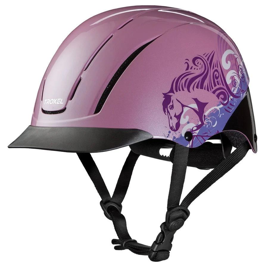 Casco de equitación Troxel Spirit Skydream rosa, vista lateral izquierda con barboquejo