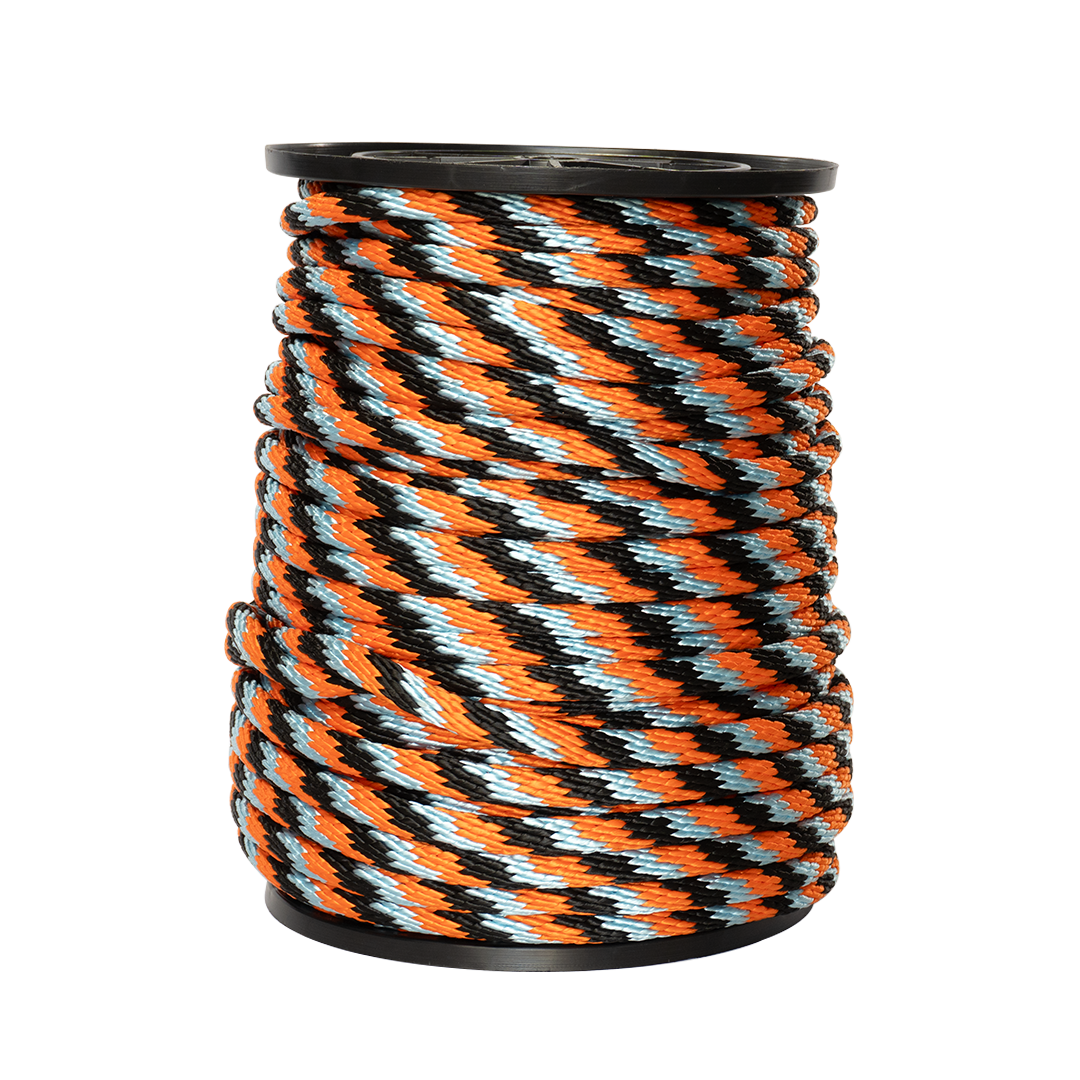 Carrete de 10 kg de cuerda Derby ST 5/8" Conatex color naranja, negro y aqua