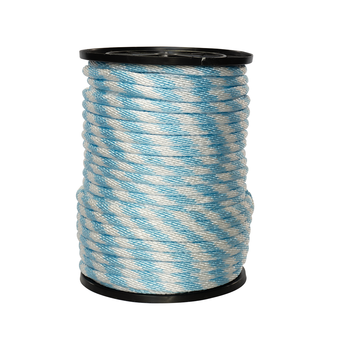 Carrete de 10 kg de cuerda Derby ST 5/8" Conatex color blanco con aqua