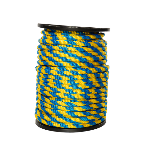 Carrete de 10 kg de cuerda Derby ST 5/8" Conatex color amarillo con azul rey