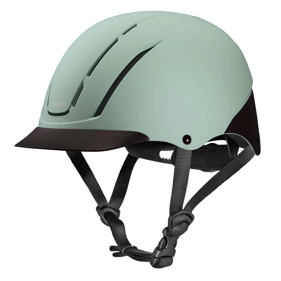 Casco de equitación Troxel Spirit menta Duratec, vista lateral con barboquejo