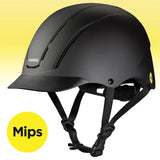 Casco de equitación Troxel Spirit MIPS negro, vista lateral con barboquejo y sello Mips