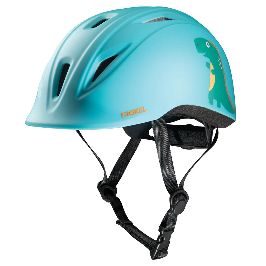 Casco de equitación Troxel Youngster verde azulado con dinosaurios, vista lateral con barboquejo
