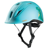 Casco de equitación Troxel Youngster verde azulado con dinosaurios, vista lateral con barboquejo