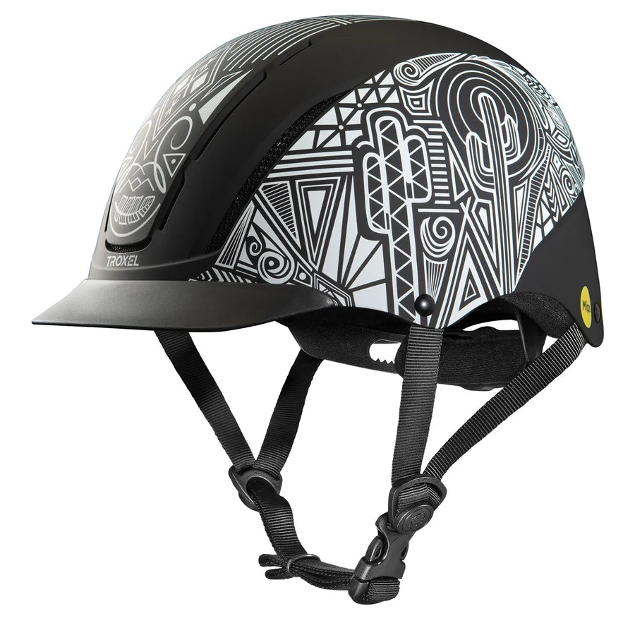 Casco de equitación Troxel Spirit MIPS con estampado paisley blanco y negro, vista lateral