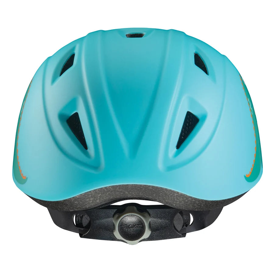 Casco de equitación Troxel Youngster verde azulado, vista trasera con las ventilas