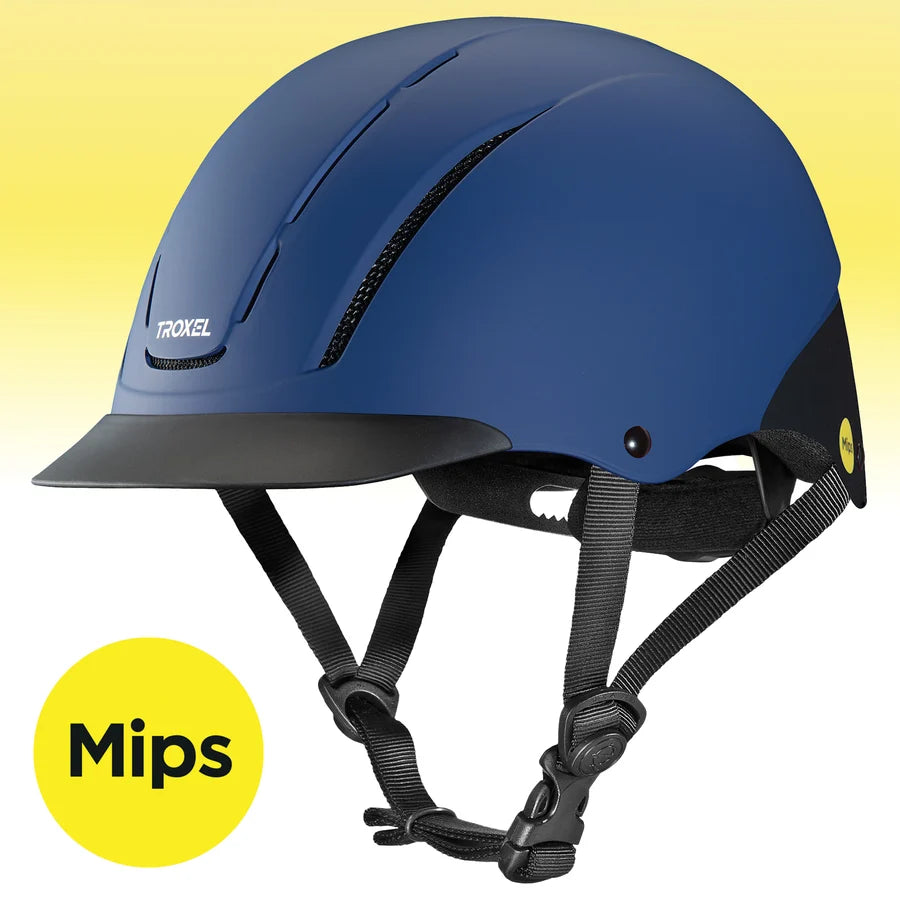 Casco de equitación Troxel Spirit MIPS azul marino, vista lateral con sello Mips