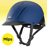 Casco de equitación Troxel Spirit MIPS azul marino, vista lateral con sello Mips